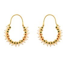 Gold Earrings with Ruby, Emerald and Pearls