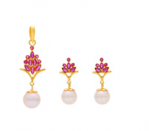 Buy Pearl & Ruby Dew Drop Earrings & Pendant Set