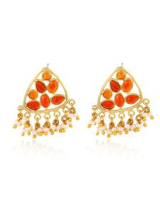Gold-polished Pearl Danglers with Red Cz Stones