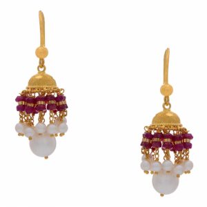 Gold Jhumkas with Hanging Pearls and Red beads
