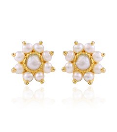 Floral Pearl Cluster Earrings Tinted in Yellow Gold