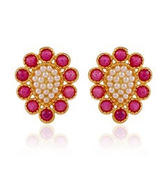 Pearl Cluster Earrings Sparkling With Red CZ Stones