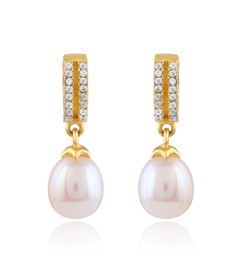 Yellow Tinted Teardrop Pearl Earrings With CZ Stones